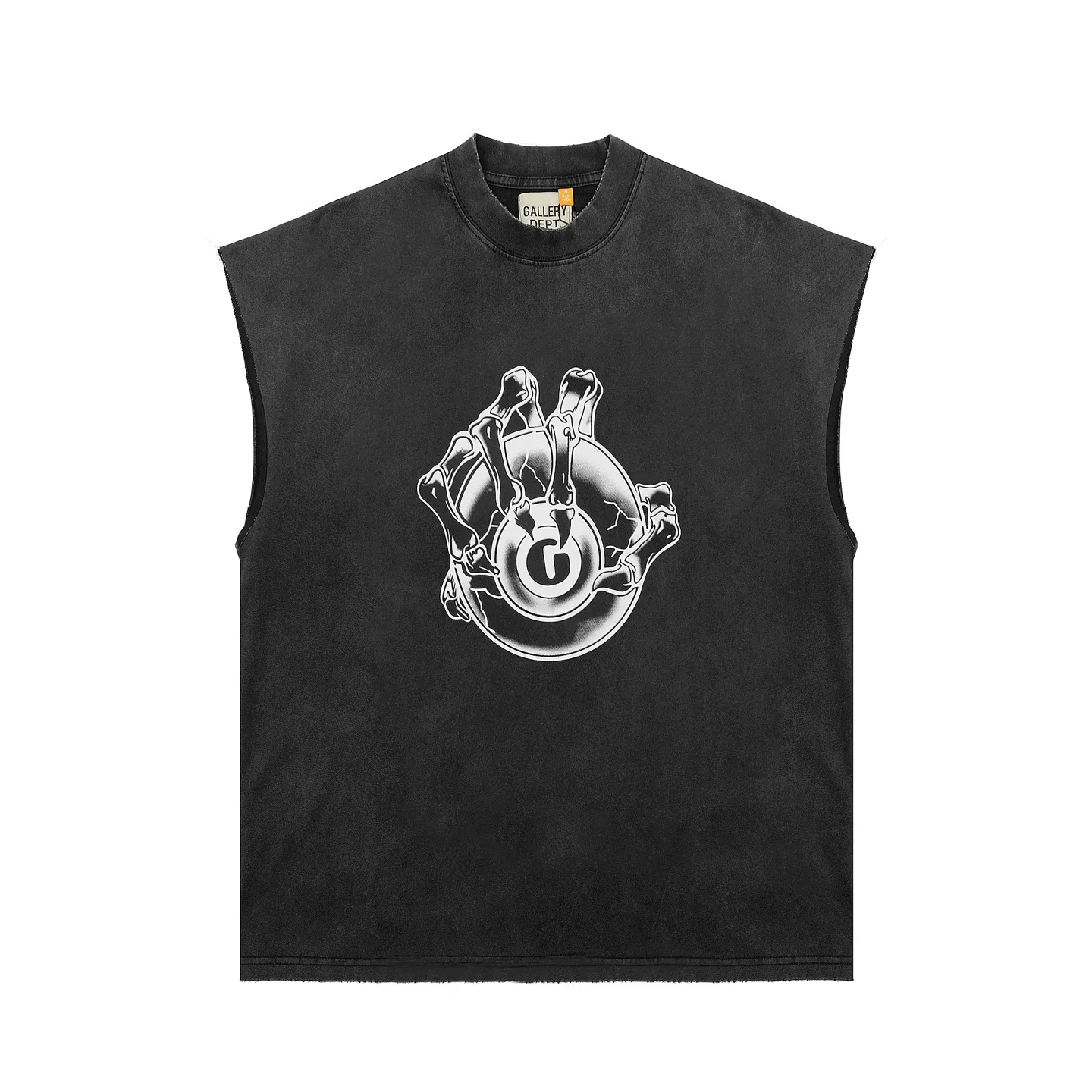 pt model number #G1017 P116 GALLERY DEPT. Distressed and frayed sleeveless waistcoat short sleeves. Skeleton holding a big G. Printed on the front and back. Made of 280G double yarn pure cotton. The fabric is comfortable and stylish. After washing and distressing, the upper body becomes more fashionable and cool. The collar and hem are frayed. The US version is too large. Color: washed black, apricot, size S/M/L/XL